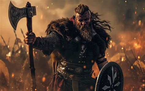 Interior decorado con motivos nórdicos y estatuas de guerreros vikingos