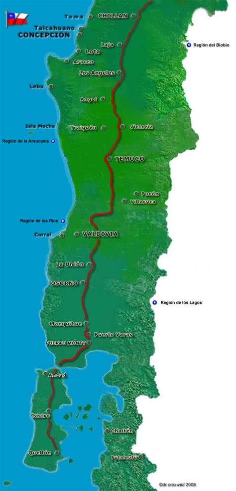 Mapa de la zona sur de Chile, resaltando Chiloé