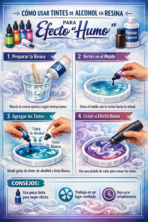 Infografía: Materiales necesarios para resina epóxica (guantes, gafas protectoras, mascarilla, vasos medidores, paletas de mezcla, soplete de calor, moldes de silicona, cintas protectoras)