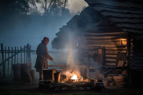 Temática foto de cazadores cocinando en un campamento