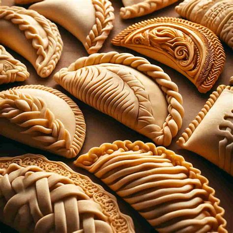 Fotografía gastronómica de empanadas con diferentes repulgues (cierres) y decoraciones de masa en la superficie