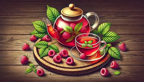 Infusión de hojas de frambuesa en una taza, con hojas secas y frambuesas frescas