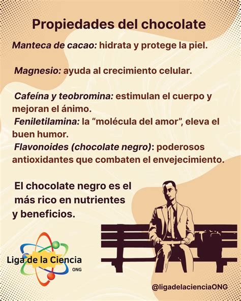 Infografía mostrando los componentes del chocolate (flavonoides, feniletilamina, magnesio) y sus efectos en el cuerpo humano (corazón, cerebro, estado de ánimo)