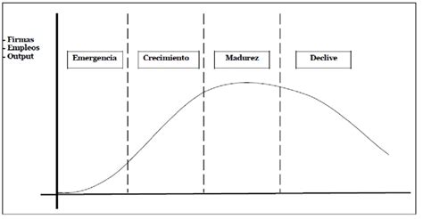 Ilustración del ciclo de vida de un cluster industrial: nacimiento, crecimiento, madurez y declive.