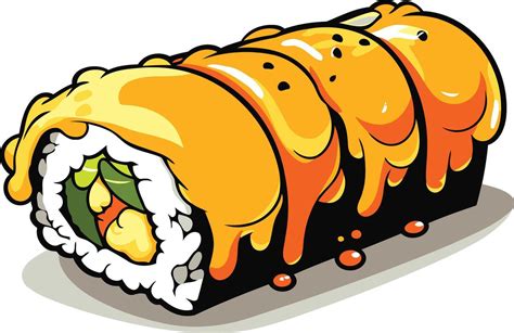 Ilustración vibrante de un plato de sushi con un generoso chorreado de salsa acevichada