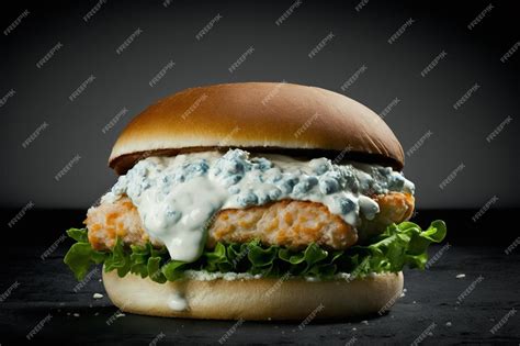 Imagen de una hamburguesa de pollo casera servida con salsa de queso azul fundido y brotes frescos