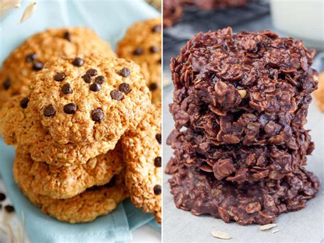 Primer plano de galletas veganas de avena y chocolate apiladas.