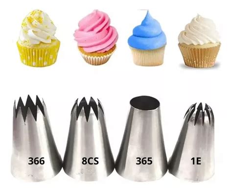 Infografía comparativa de diferentes boquillas de repostería para crear efectos decorativos en cupcakes