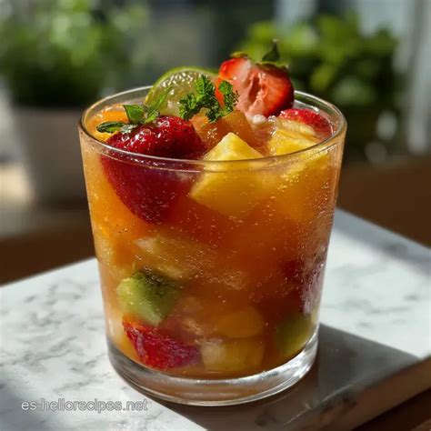 Fotografía de un cóctel veraniego con frutas como sandía, melocotón y coco, evocando frescura y dulzor.