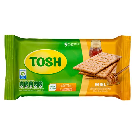 Foto de un paquete de galletas Tosh Miel, mostrando el frontal del envase