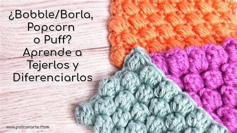Muestras tejidas de punto popcorn y punto bobble en ganchillo