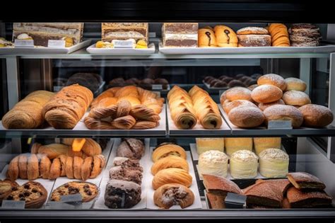 Fotografía de una vitrina artesanal con panes variados y pastelería fina de la zona