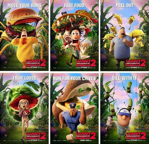 Caricaturas de los personajes principales de Lluvia de hamburguesas