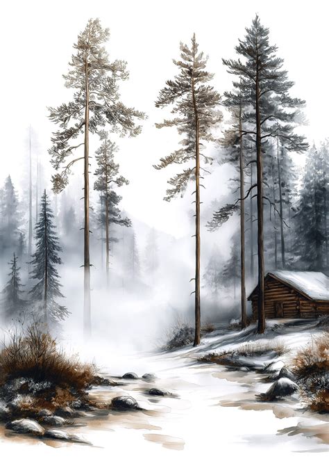 Representación artística de un bosque invernal con un pino centenario como eje central de la naturaleza.