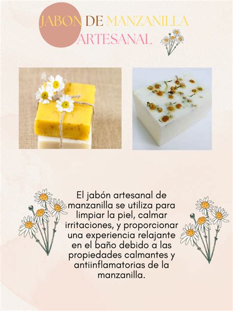 Infografía que muestra flores de manzanilla y una barra de jabón artesanal con texturas naturales