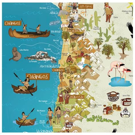 Mapa de Chile con la ubicación de los pueblos originarios del norte: Aymara, Licanantai, Diaguita y Chango
