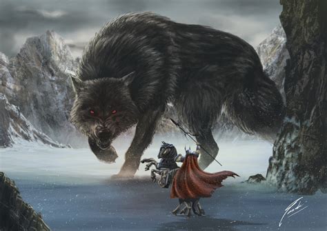 Representación artística del lobo Fenrir enfrentándose a los dioses nórdicos