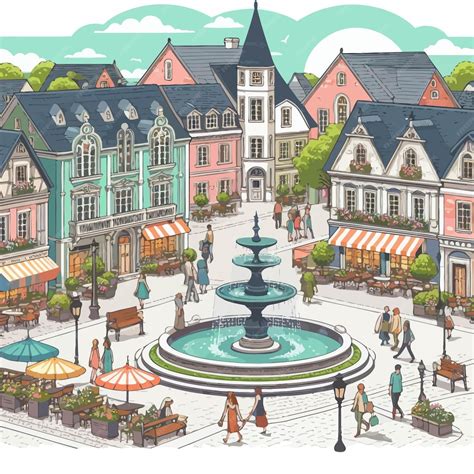 Ilustración de una plaza de pueblo antigua con los aldeanos reuniéndose alrededor de una gran olla de sopa humeante al aire libre.