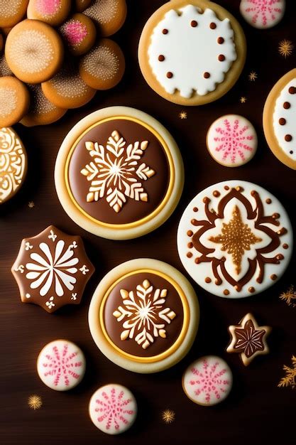 Ilustración de galletas decoradas con glaseado real de varios colores y diseños detallados.