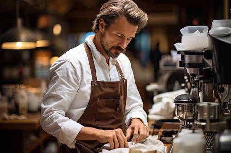 Fotografía de un barista preparando café instantáneo con espuma.