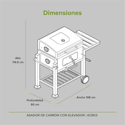 Esquema técnico de un asador patagónico con cruz ajustable, niveles de inclinación y sistema de rotación de 180°