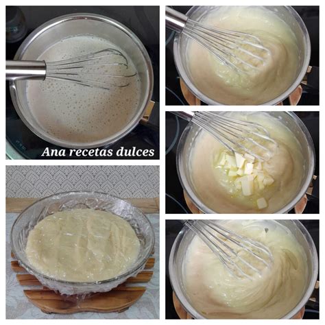 Esquema de la preparación de la crema pastelera: mezcla de leche condensada y agua, adición de yemas y maicena, cocción y enfriamiento.