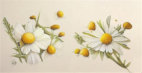 Ilustración botánica detallada de la planta de manzanilla (Matricaria chamomilla), destacando sus flores y hojas.