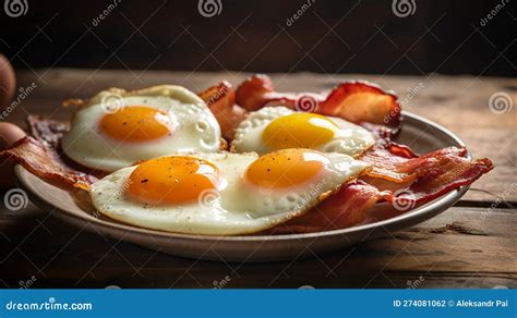 Desayuno completo con huevos fritos, tocino crujiente y pan, bañado en salsa de queso