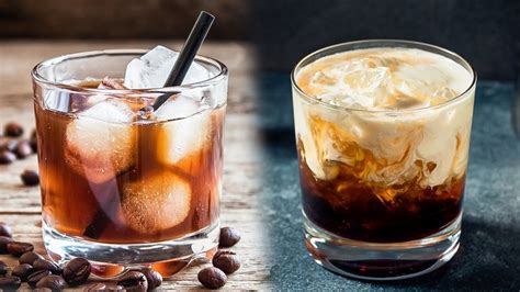 Comparativa visual de los cócteles Black Russian y White Russian, mostrando sus ingredientes y presentación.