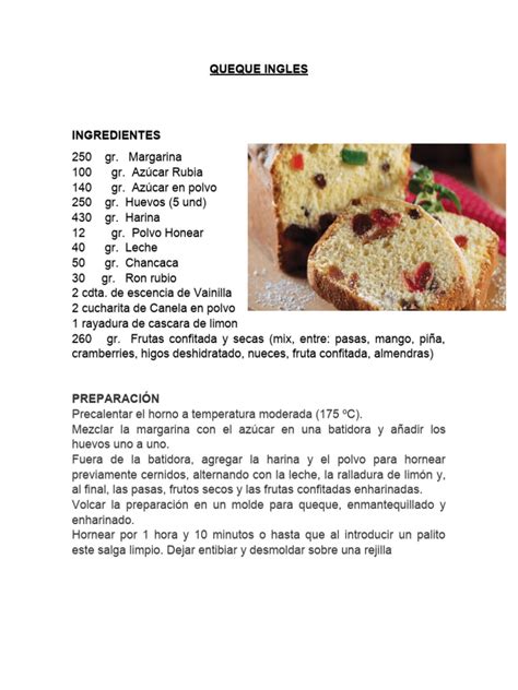 Infografía detallando los ingredientes y proporciones de un queque inglés tradicional.