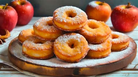 Ilustración de buñuelos de manzana dorados y espolvoreados con azúcar.
