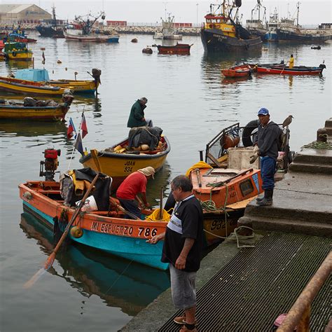 Fotografía de pescadores trabajando en la caleta de Zapallar, con botes y equipamiento pesquero.