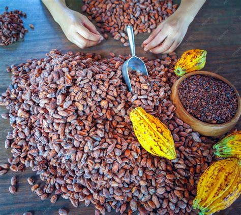 Imagen de granos de cacao y diferentes coberturas de chocolate, resaltando la calidad de los insumos.