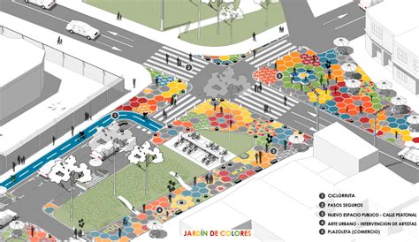 Esquema conceptual de una cuadrícula urbana con intervenciones diferenciadas en tres manzanas clave