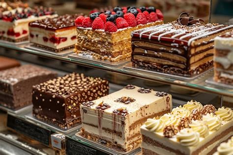 Fotografía profesional de una vitrina de pastelería con una selección de tartas y tortas gourmet.