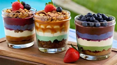 Ilustración de varios postres en vasitos con diferentes capas y decoraciones.