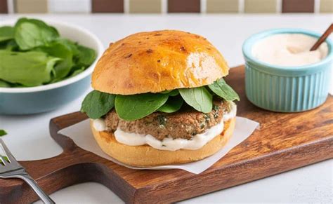 Fotografía de una hamburguesa de cordero con tzatziki