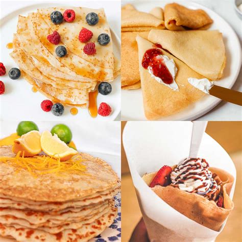Variedad de crepes finos con diferentes rellenos y un café