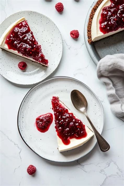 Fotografía de un postre (ej. tarta de queso) decorado con coulis de frambuesa