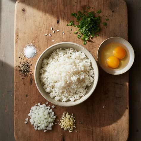 Fotografía de ingredientes frescos para pilav: arroz, cebolla, ajo, especias y hierbas.