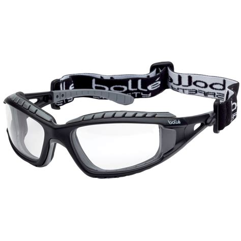 Esquema de las gafas Bolle Tracker TRACPSI con indicación de las características principales (montura ventilada, protección superior, tratamiento Platinum)
