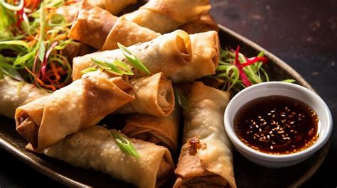 Plato de rollitos de primavera crujientes servidos con cuencos de diferentes salsas para mojar.