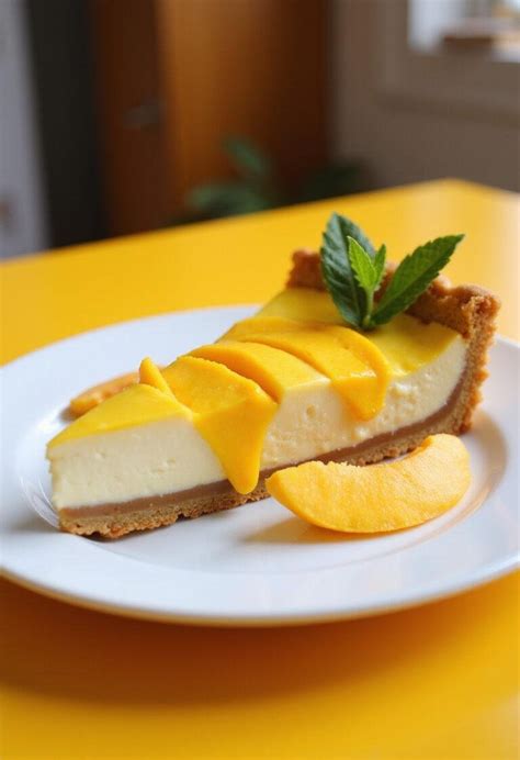 Tarta de mango terminada y decorada, lista para servir.