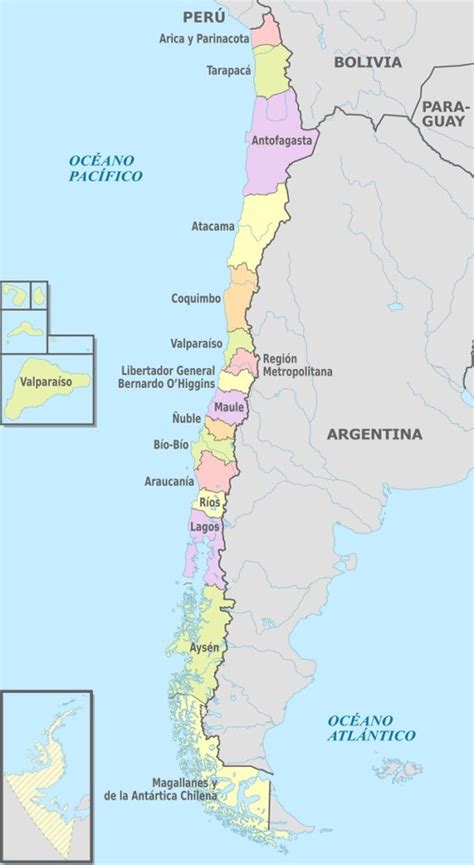 Mapa de Chile destacando las regiones de Arica, Tarapacá y Antofagasta.