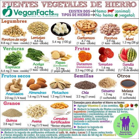 Tabla de alimentos ricos en hierro para veganos
