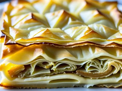 Esquema visual de las capas de masa filo intercaladas con mantequilla que envuelven el relleno de espinacas y feta
