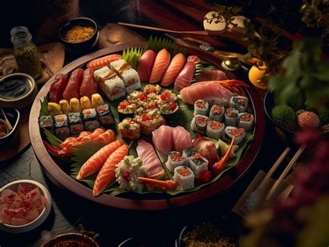 Diseño de una bandeja de sushi transparente con rollos de sushi coloridos en su interior.