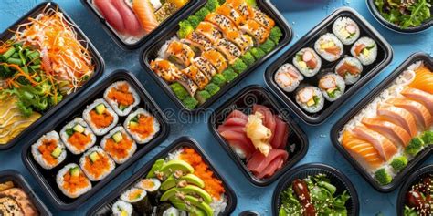 Variedad de tamaños y diseños de bandejas de sushi transparentes con compartimentos.