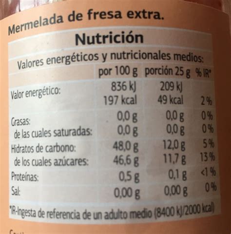 Tabla nutricional genérica de una mermelada light, mostrando calorías, azúcares y fibra