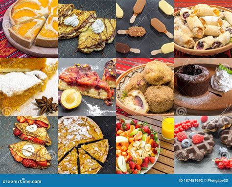 Collage de postres variados con fruta fresca: brochetas, tartas y macedonias coloridas